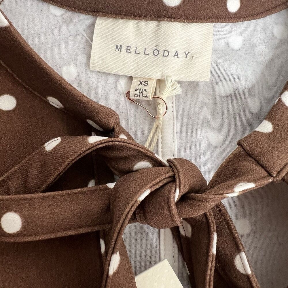 MELLODAY Women Top Brown Polka Dots White Short Sleeve Top Size XS - Picture 3 of 9
